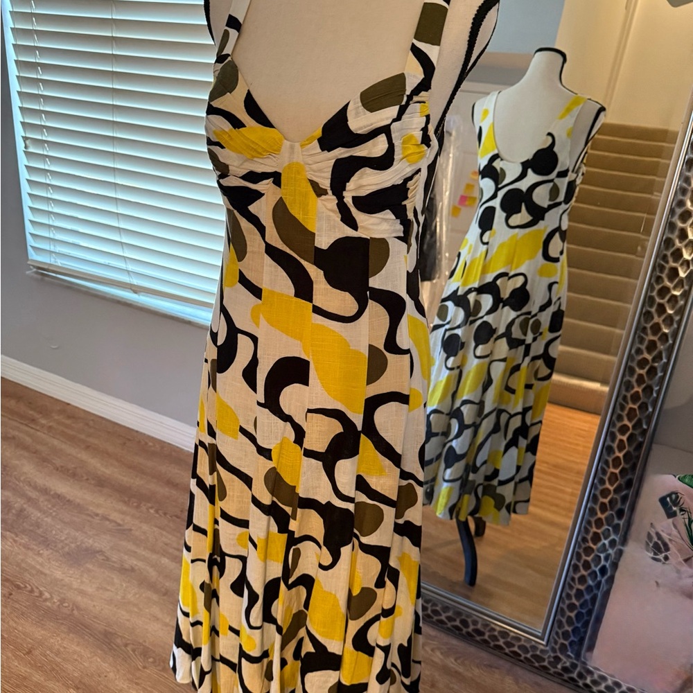 Diane Von Furstenberg Yellow and Black Abstract Midi Dress